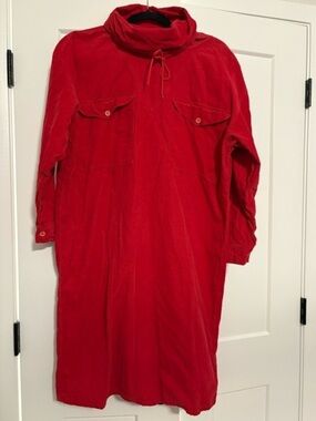 Women's Vintage Red Corduroy Long-Sleeve Dress with Funnel Neck
